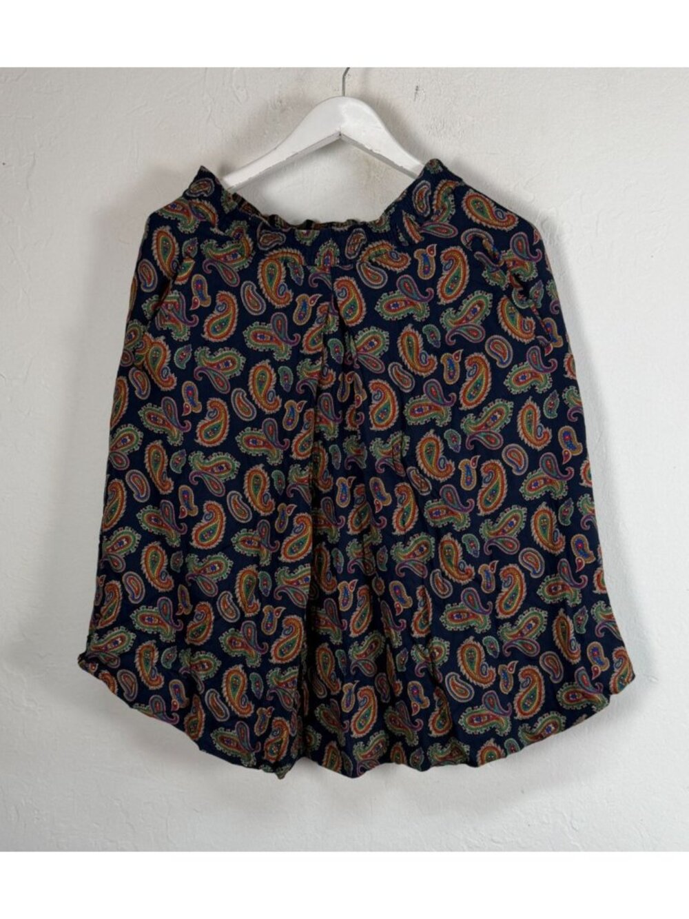 Vintage Liz Sport Paisley Print Midi Skirt Navy Rayon Elastic Waist Small A-Line